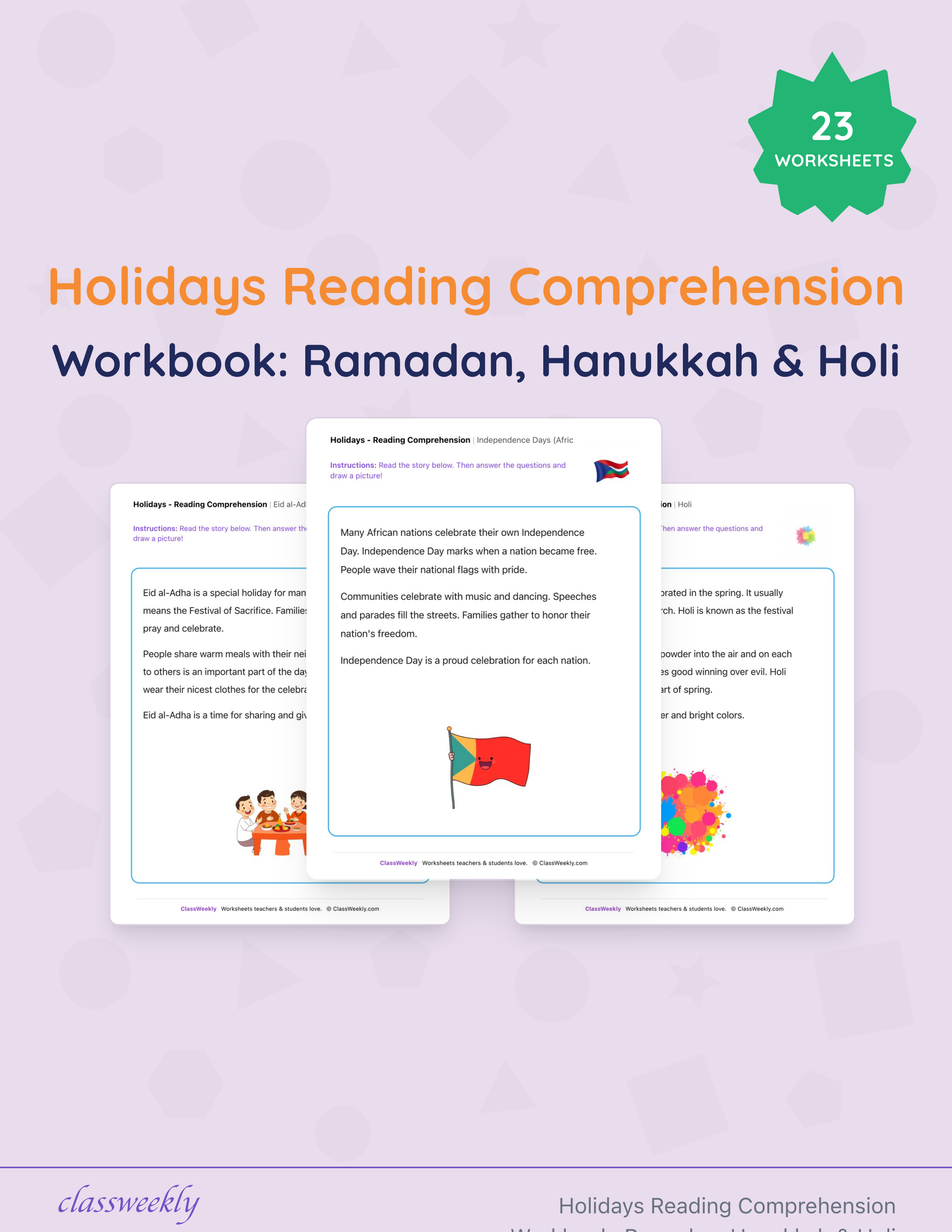 Holidays Reading Comprehension Workbook: Ramadan, Hanukkah & Holi cover