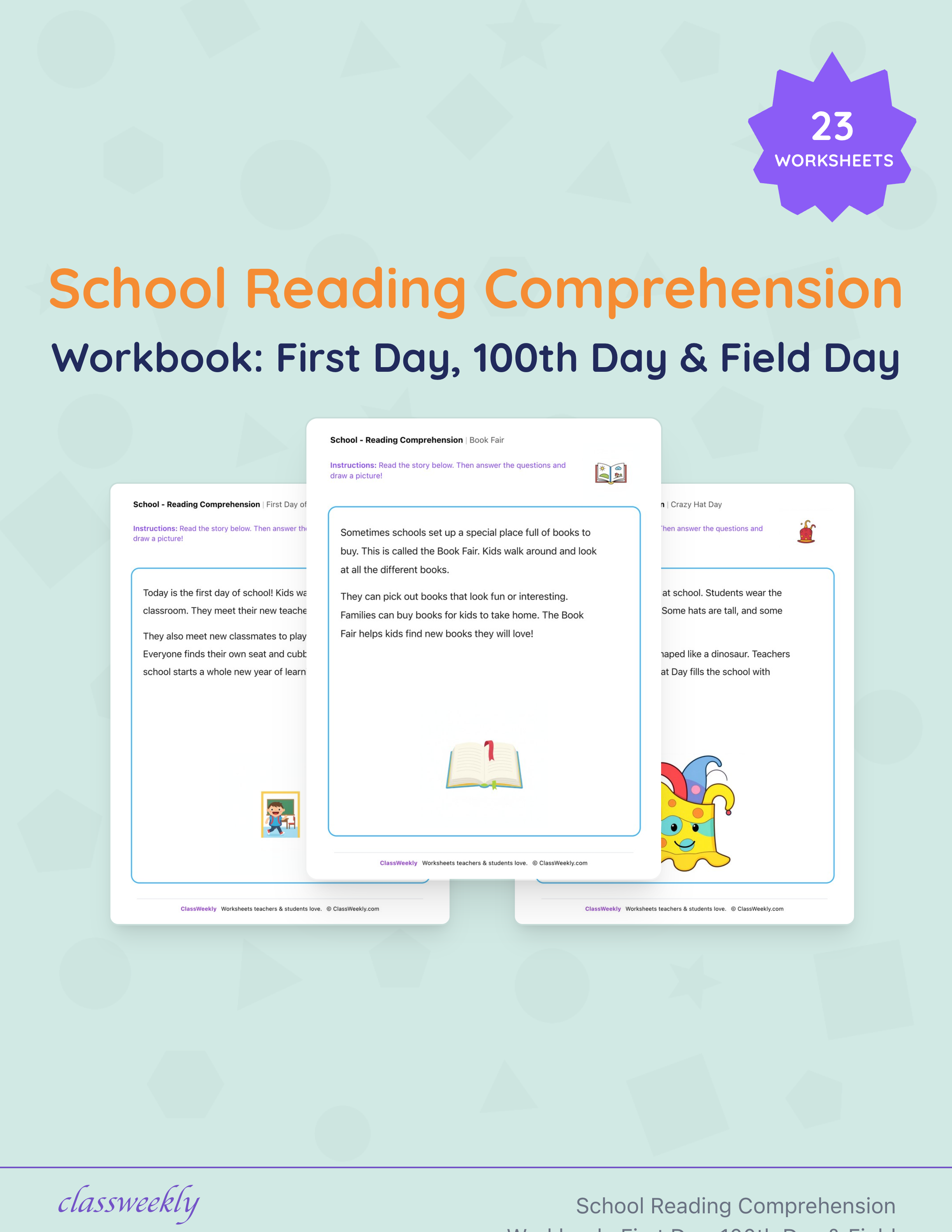 School Reading Comprehension Workbook: First Day, 100th Day & Field Day cover