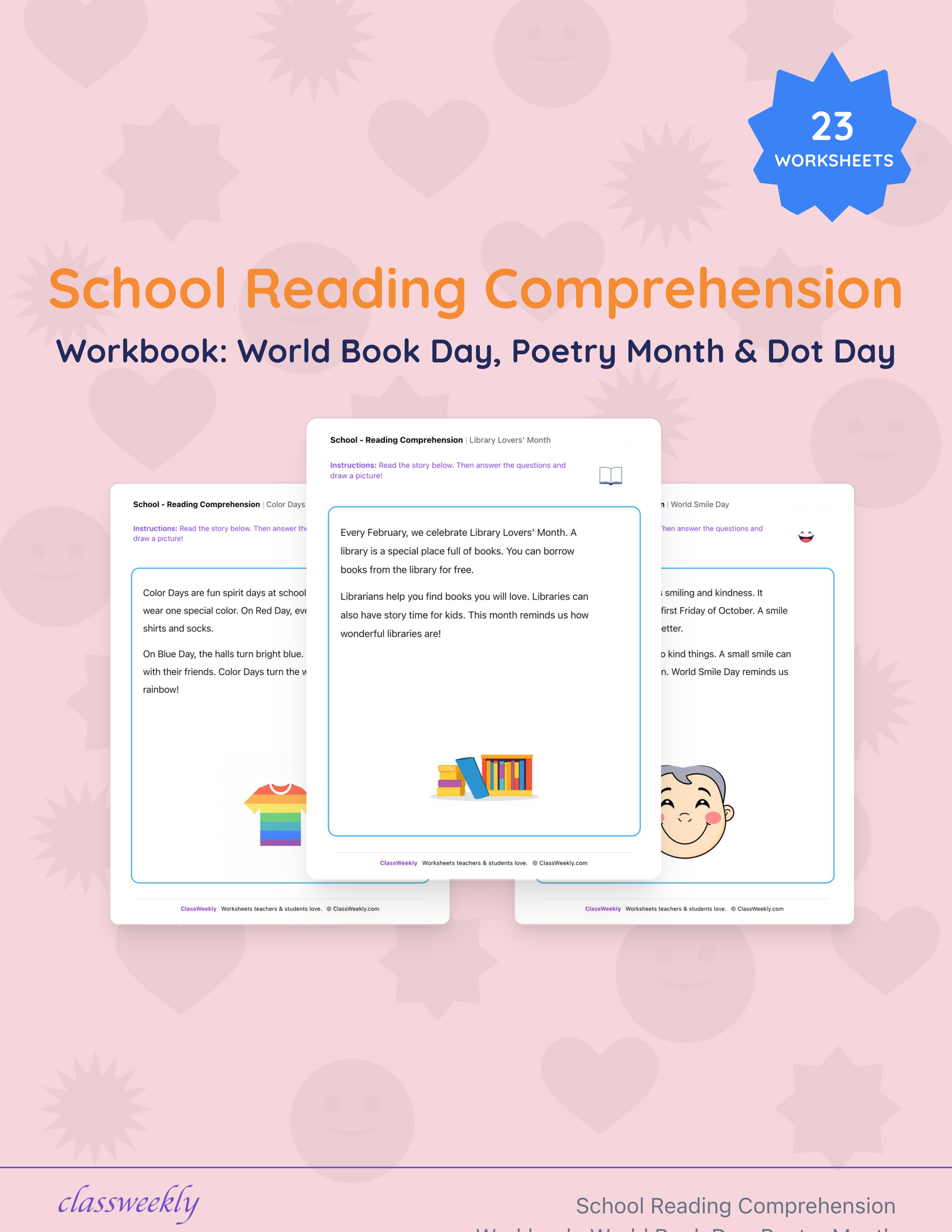 School Reading Comprehension Workbook: World Book Day, Poetry Month & Dot Day cover