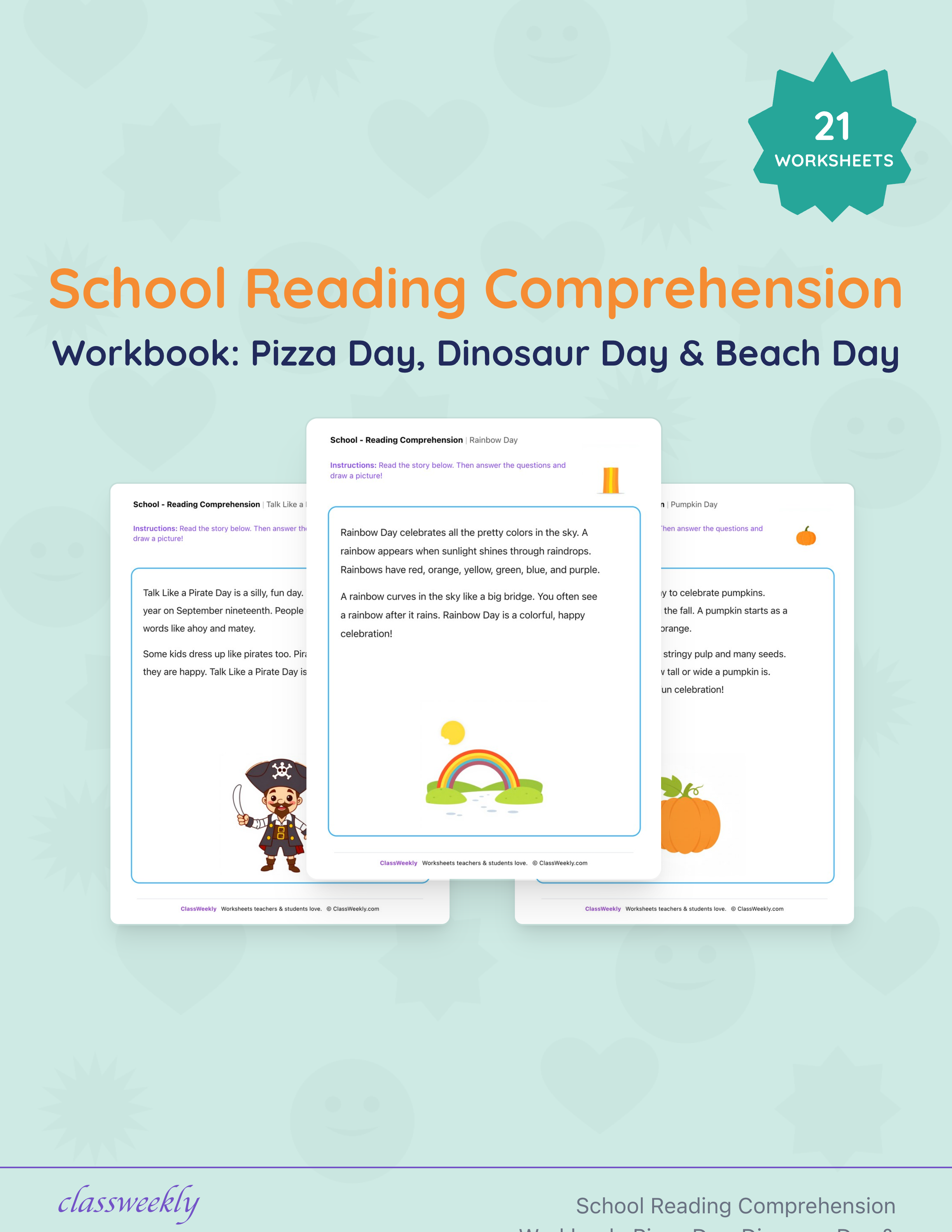 School Reading Comprehension Workbook: Pizza Day, Dinosaur Day & Beach Day cover