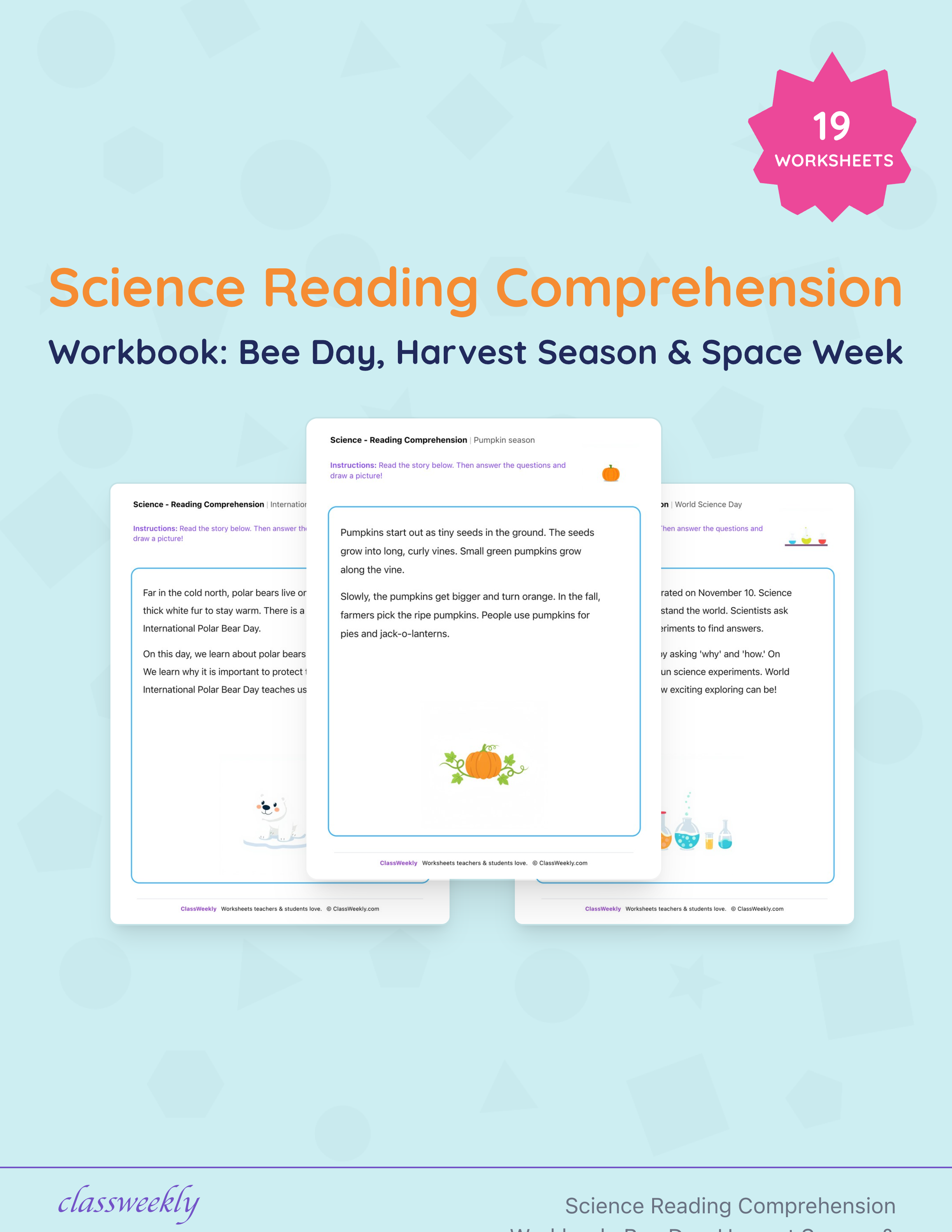 Science Reading Comprehension Workbook: Bee Day, Harvest Season & Space Week cover