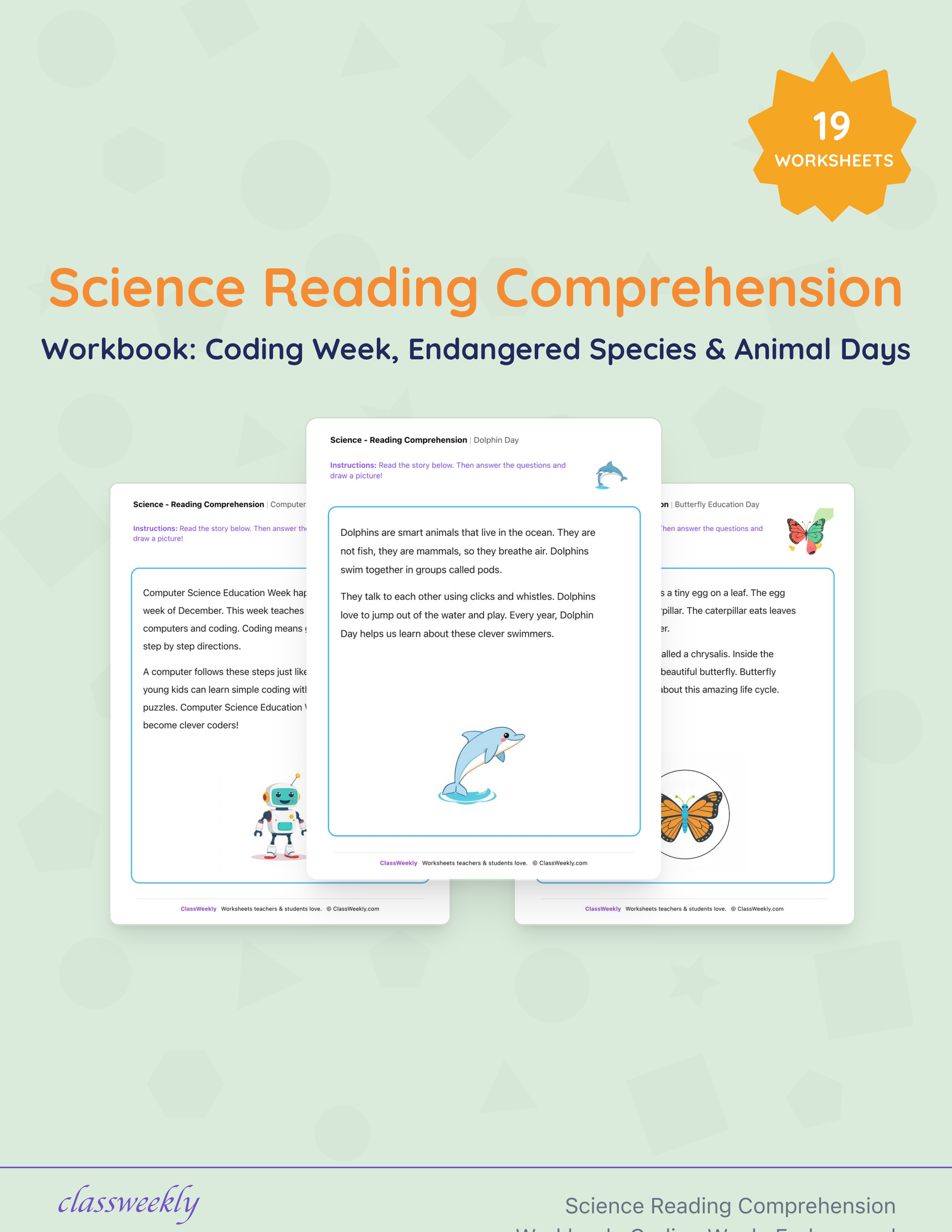 Science Reading Comprehension Workbook: Coding Week, Endangered Species & Animal Days cover