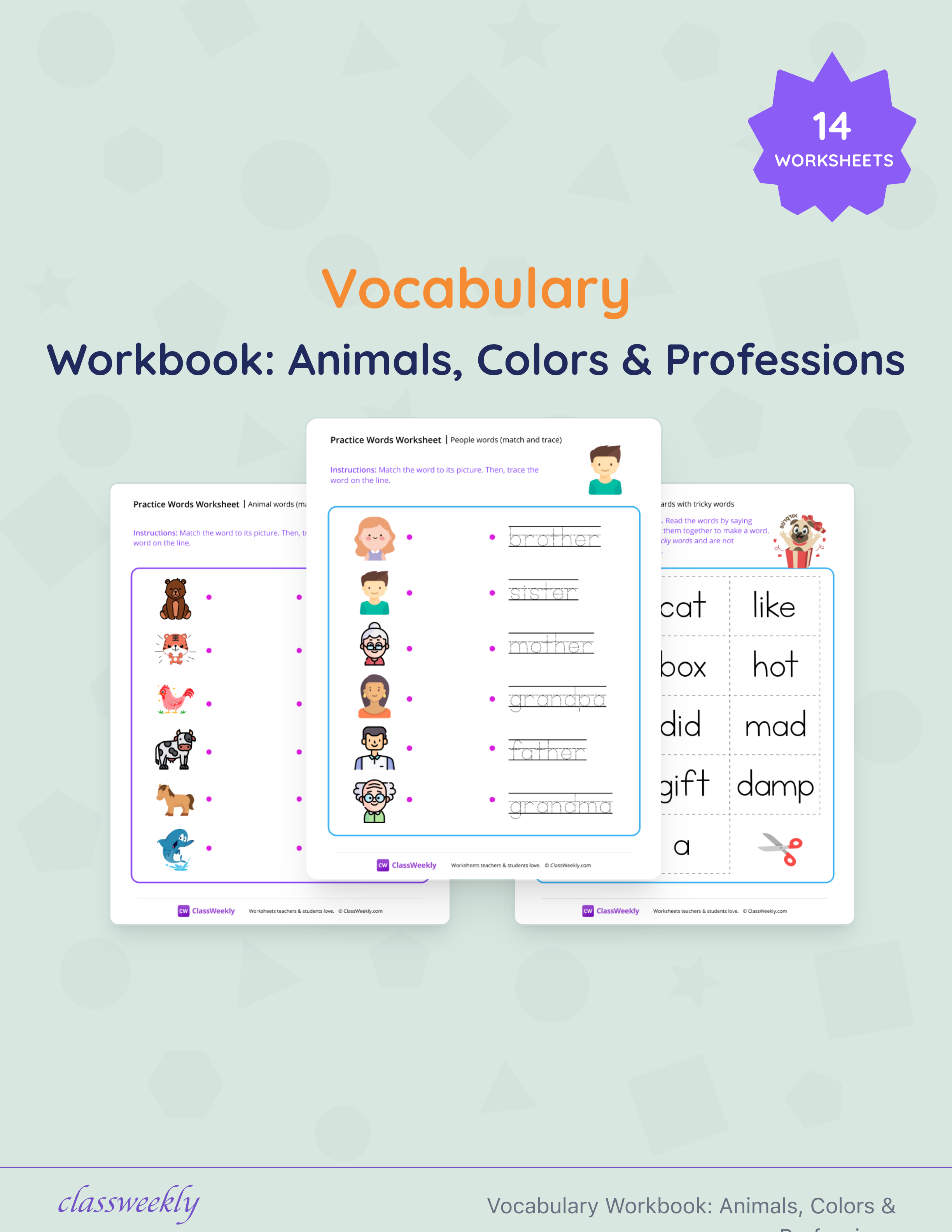 Vocabulary Workbook: Animals, Colors & Professions cover