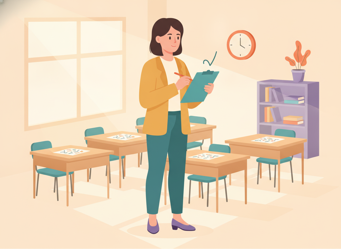 A principal reviewing a back-to-school checklist in an empty classroom