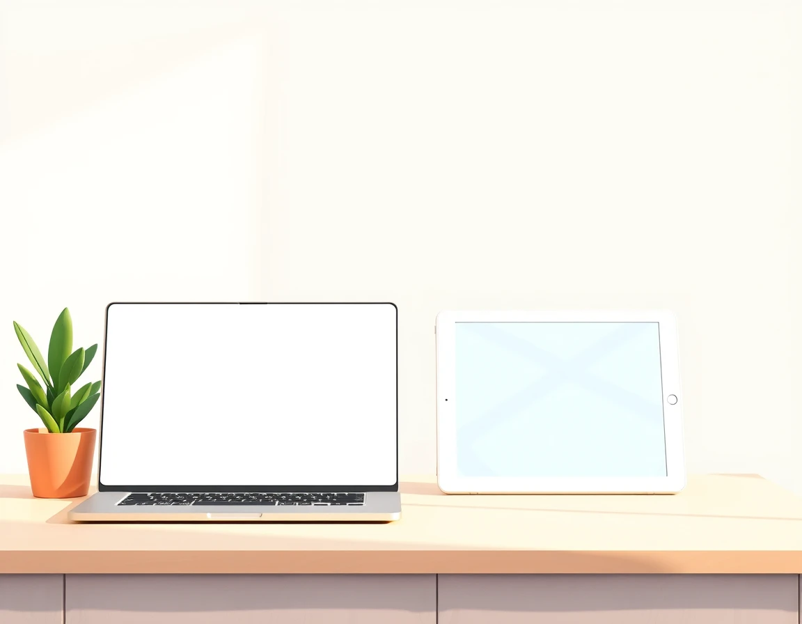 Illustration showing a closed laptop and tablet on a plain wooden desk beside a small plant