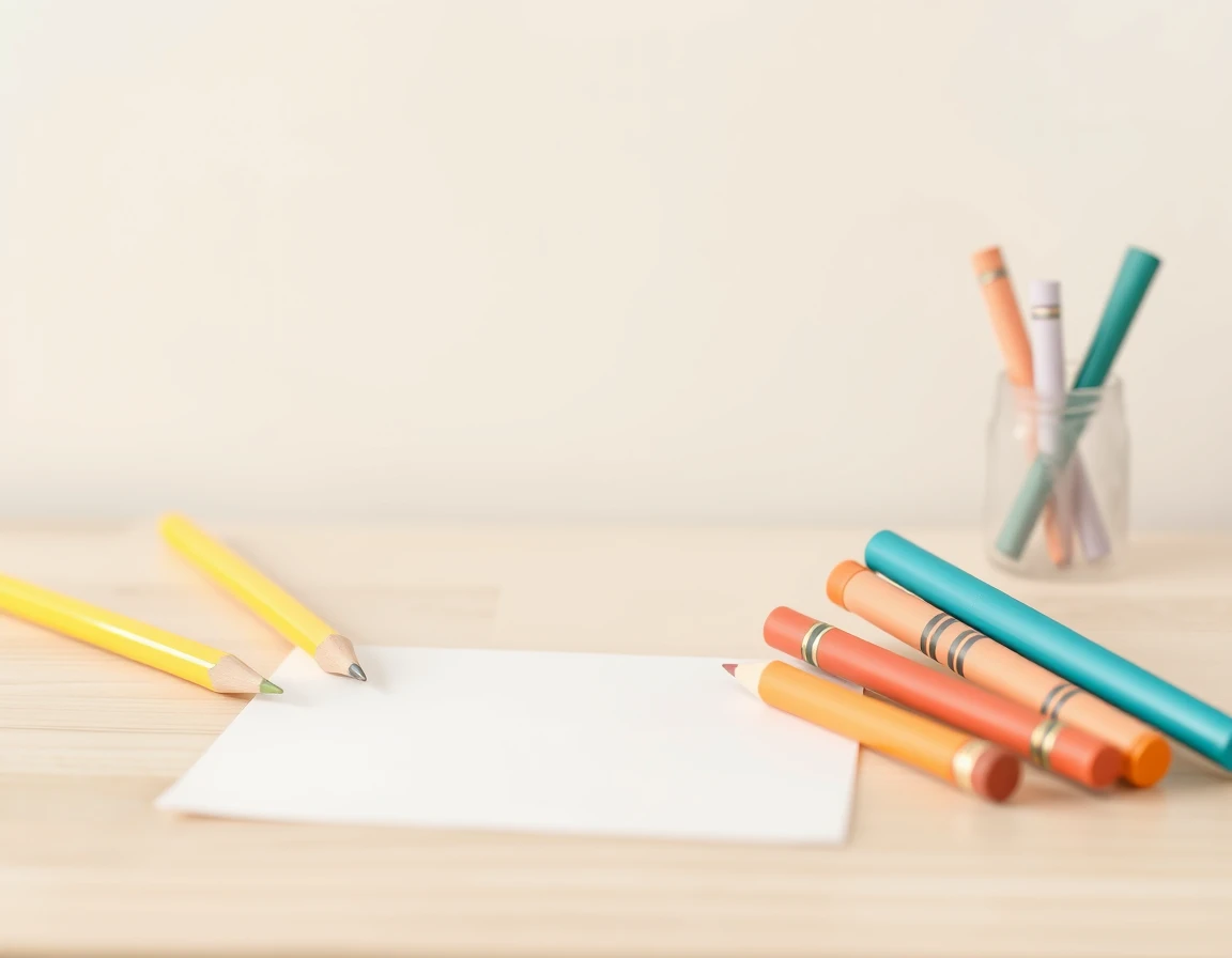 Illustration showing pencils, crayons and a blank sheet of paper on a wooden desk