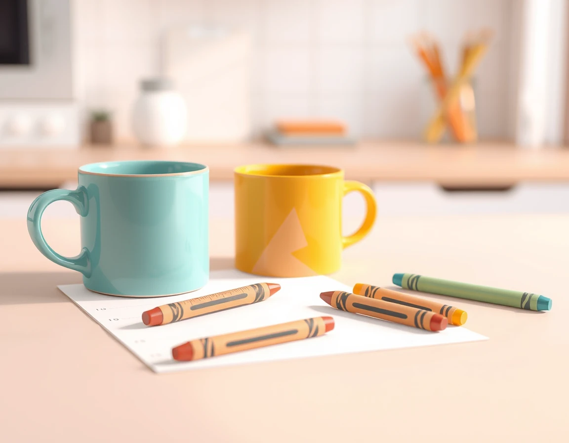 Illustration showing two mugs, paper and crayons on a plain kitchen table