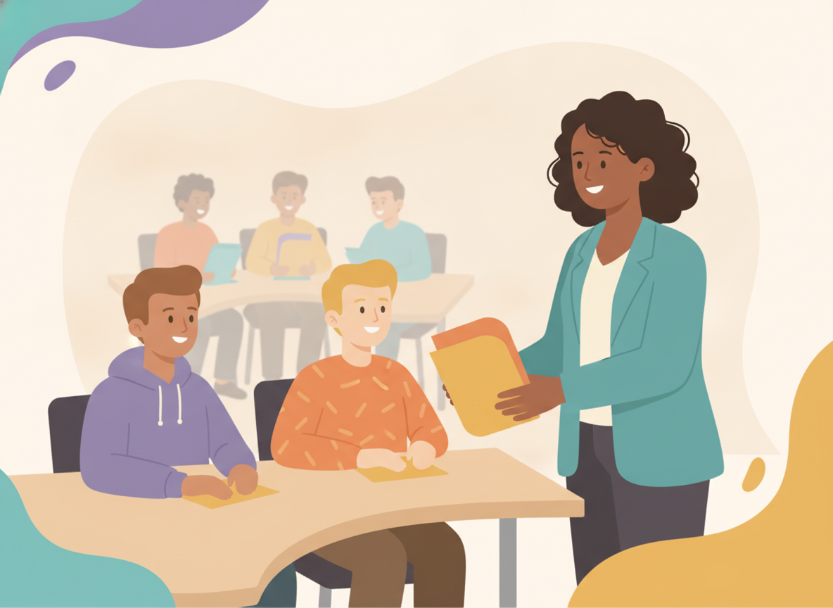 Teacher handing differentiated worksheet packets to small groups of students
