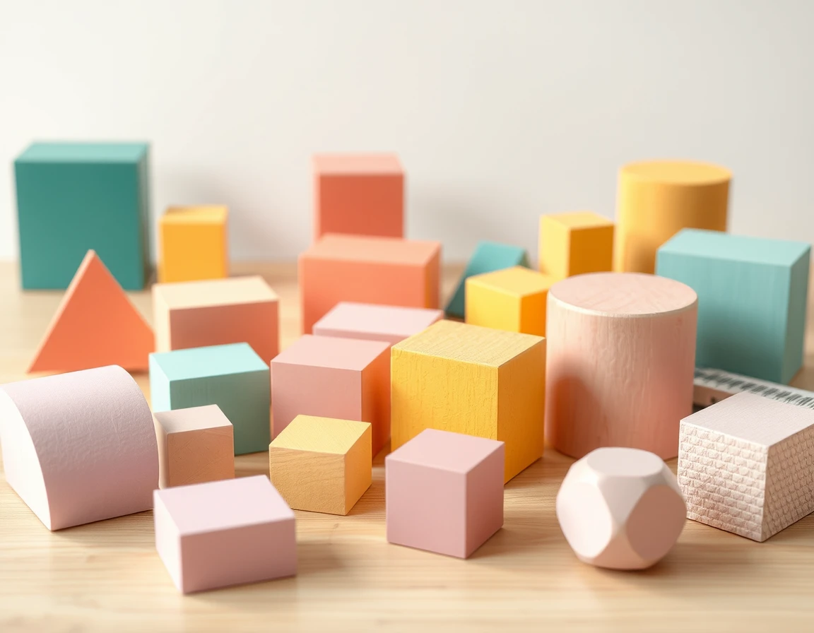 Illustration showing colourful wooden geometric blocks arranged on a plain table