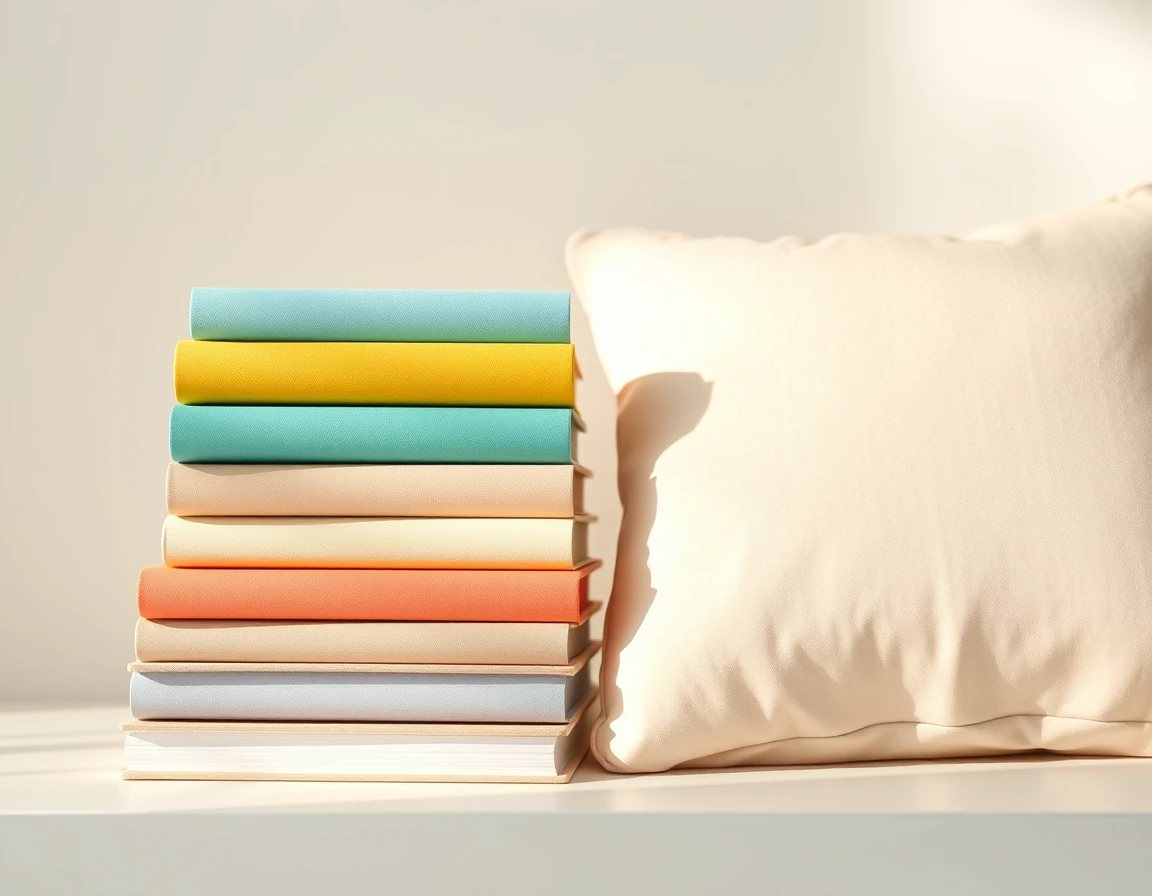 Illustration showing a stack of closed books with plain covers beside a soft cushion