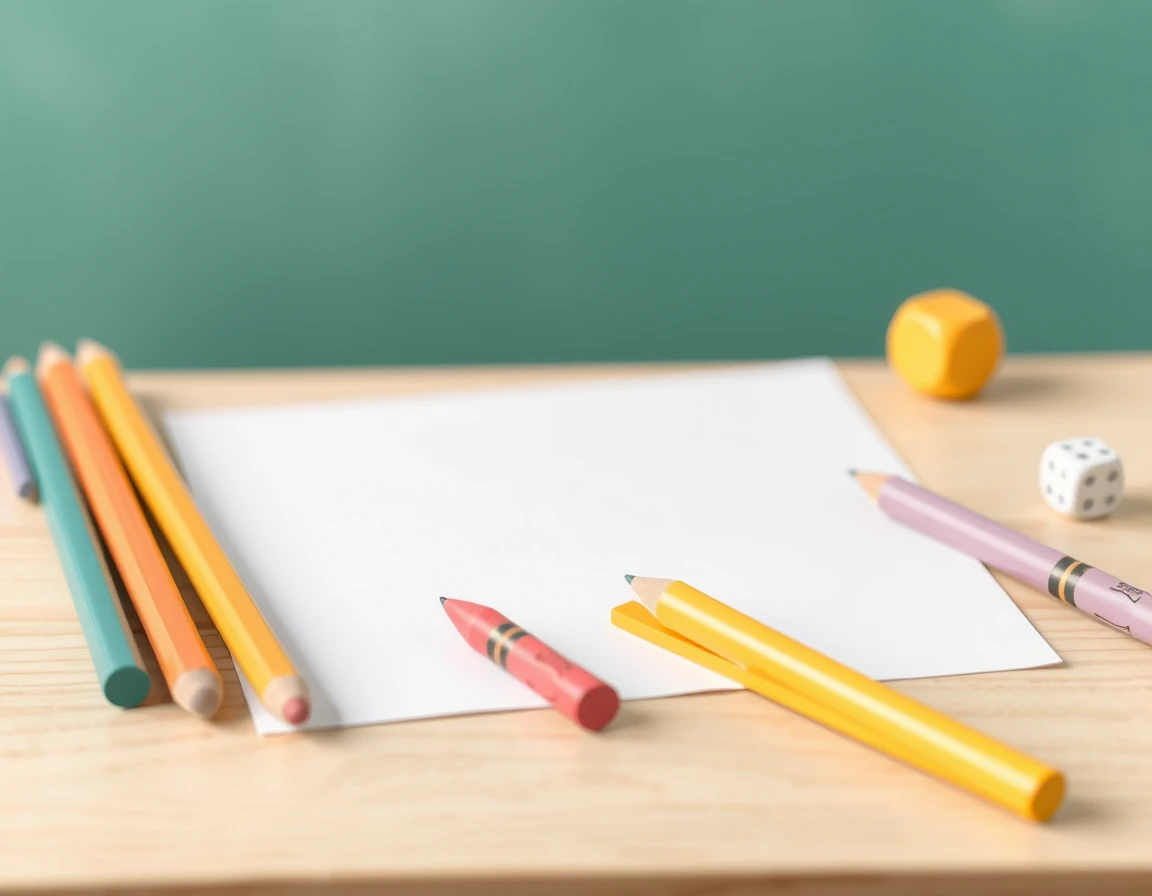 Illustration showing pencils, crayons and a blank sheet of paper on a wooden desk