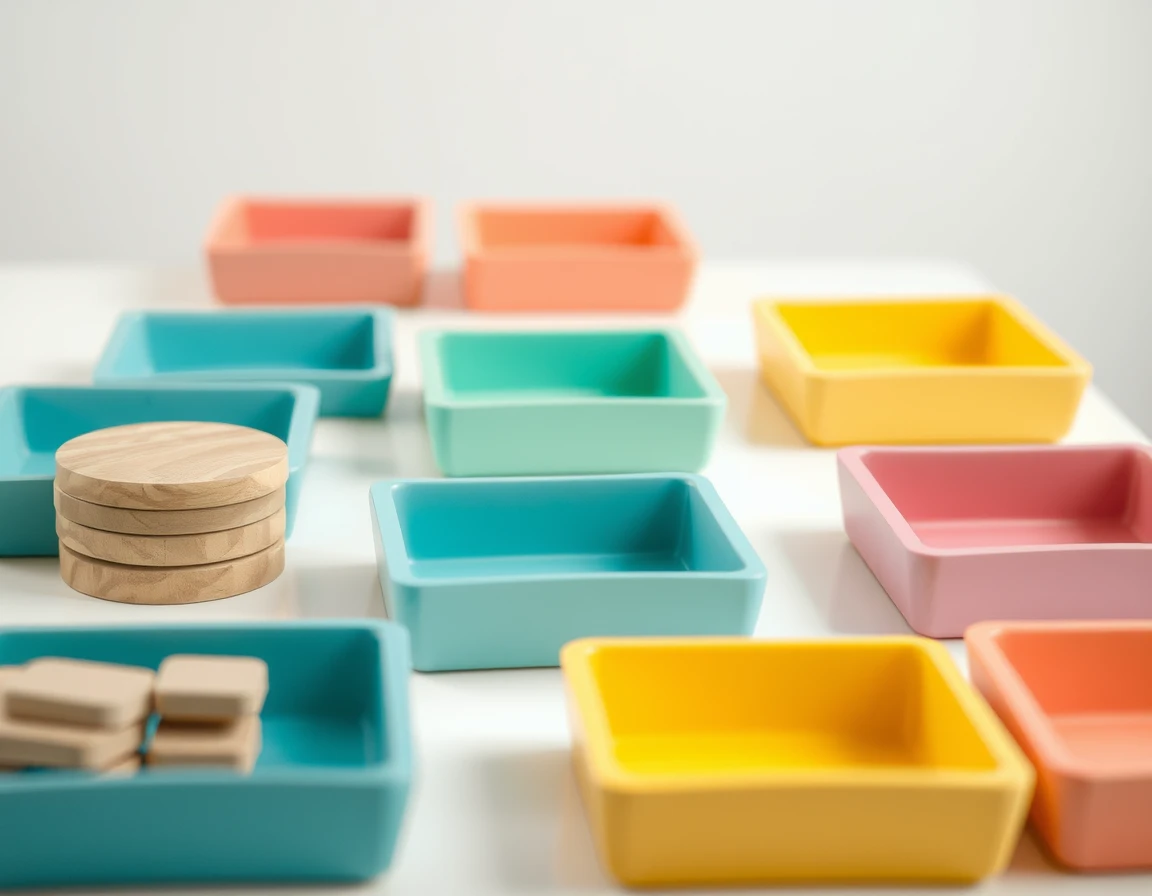 Illustration showing wooden counters and coloured sorting trays on a plain table