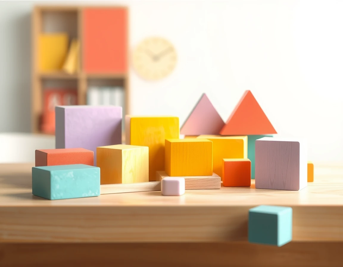 Illustration showing colourful wooden geometric blocks arranged on a plain table
