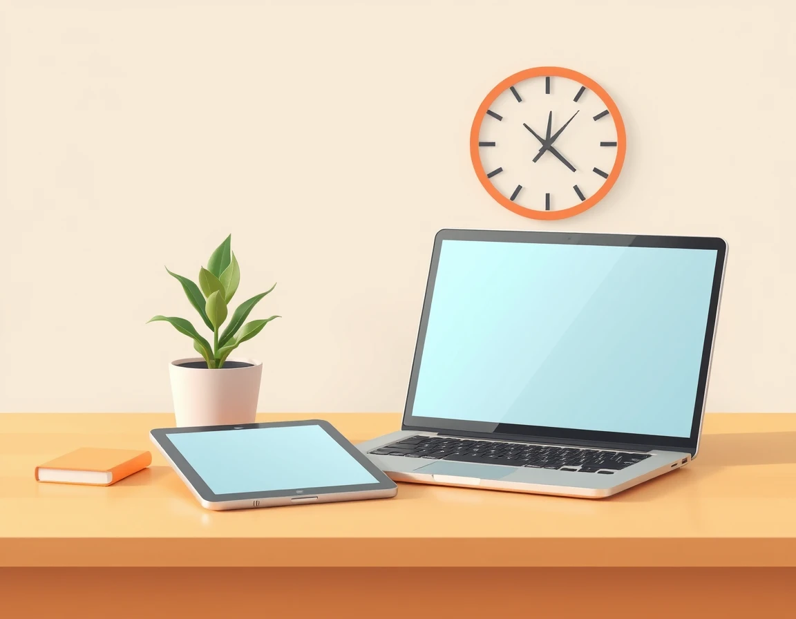 Illustration showing a closed laptop and tablet on a plain wooden desk beside a small plant