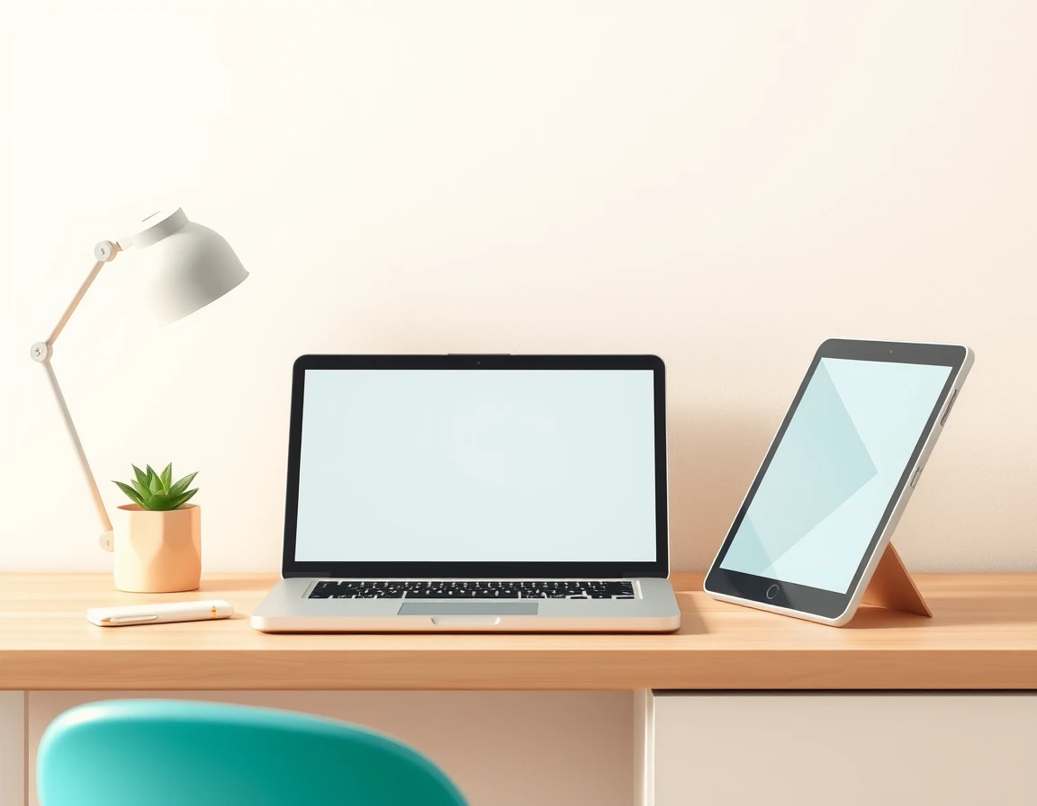 Illustration showing a closed laptop and tablet on a plain wooden desk beside a small plant
