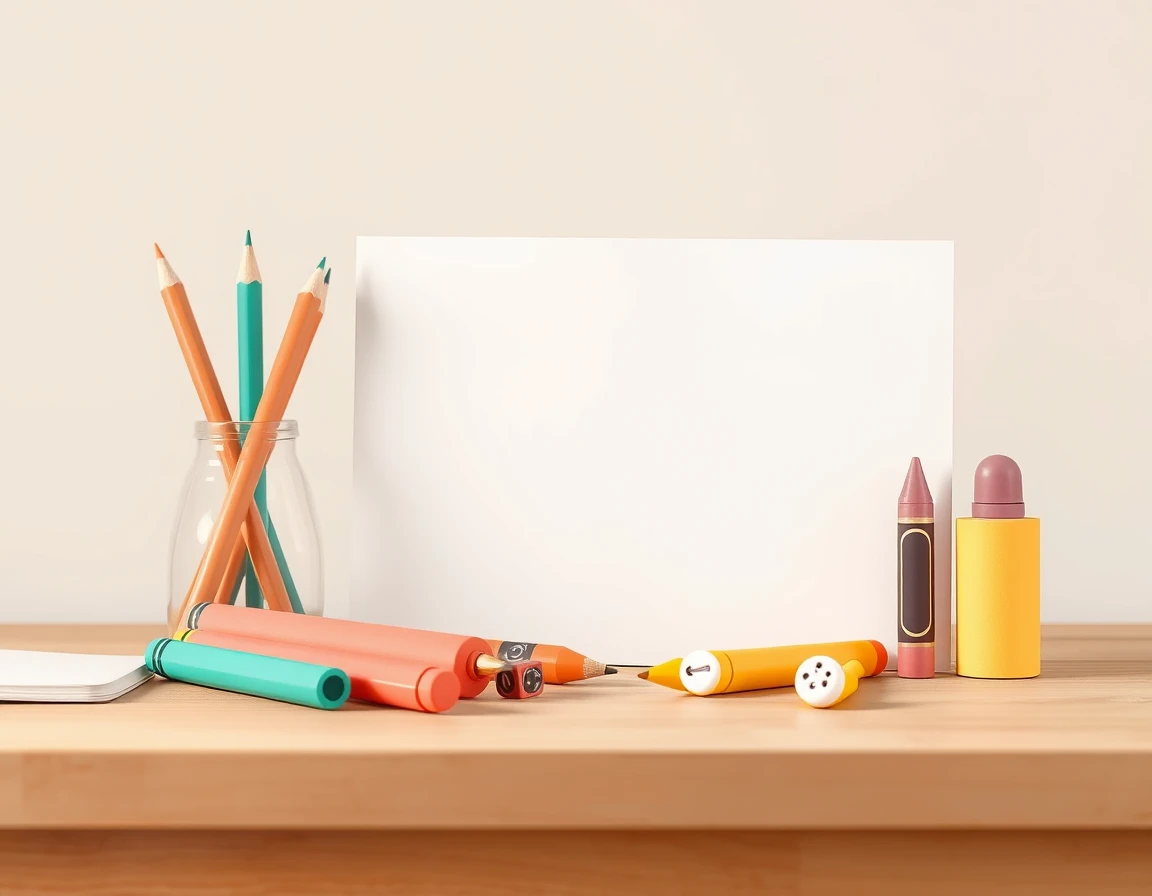 Illustration showing pencils, crayons and a blank sheet of paper on a wooden desk