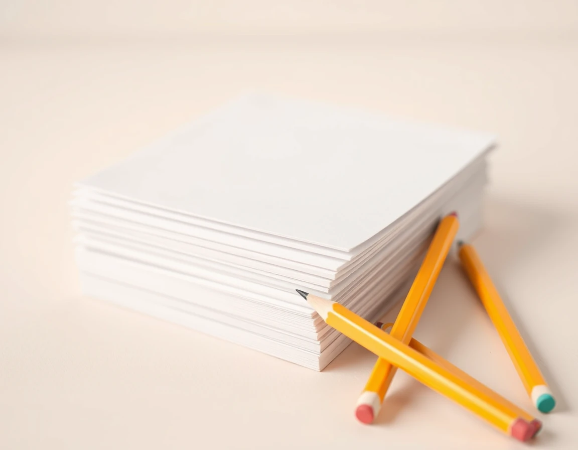 Illustration showing a neat stack of blank paper and sharpened pencils