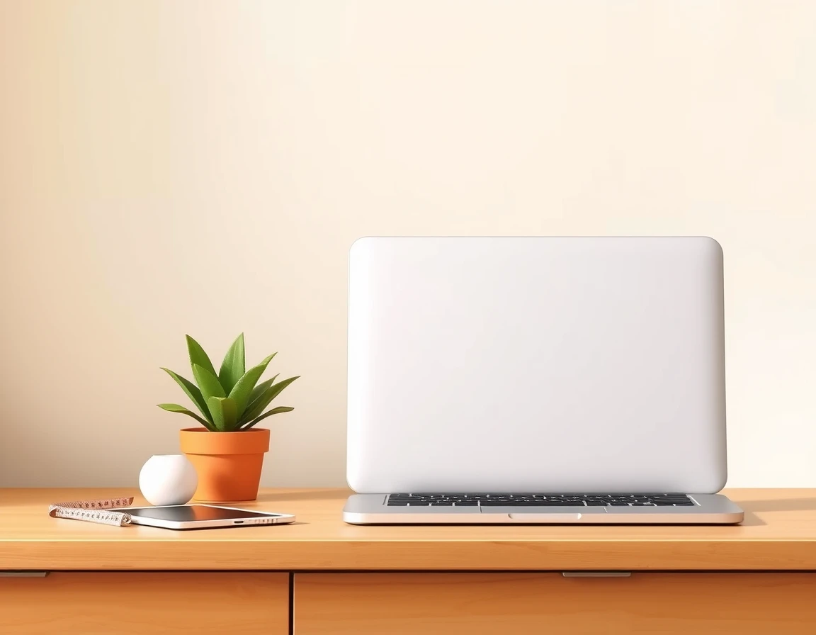 Illustration showing a closed laptop and tablet on a plain wooden desk beside a small plant