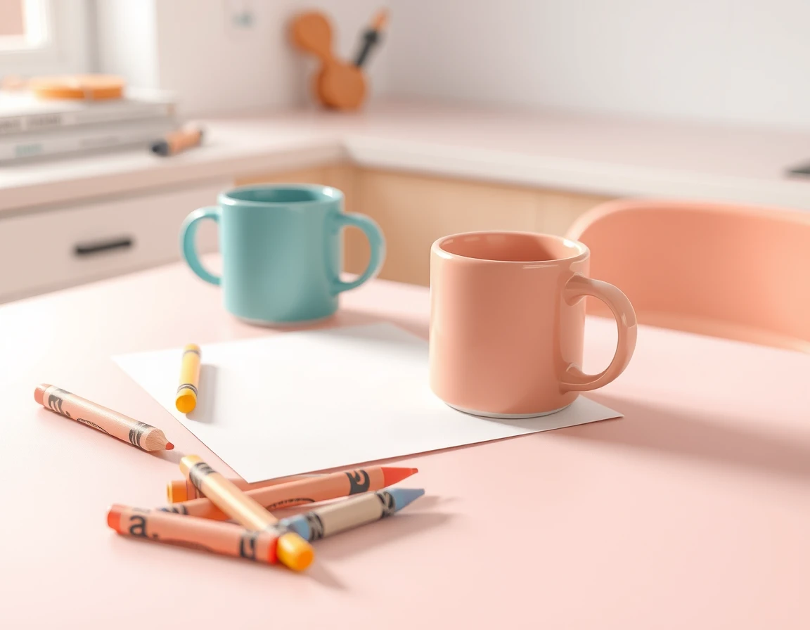 Illustration showing two mugs, paper and crayons on a plain kitchen table