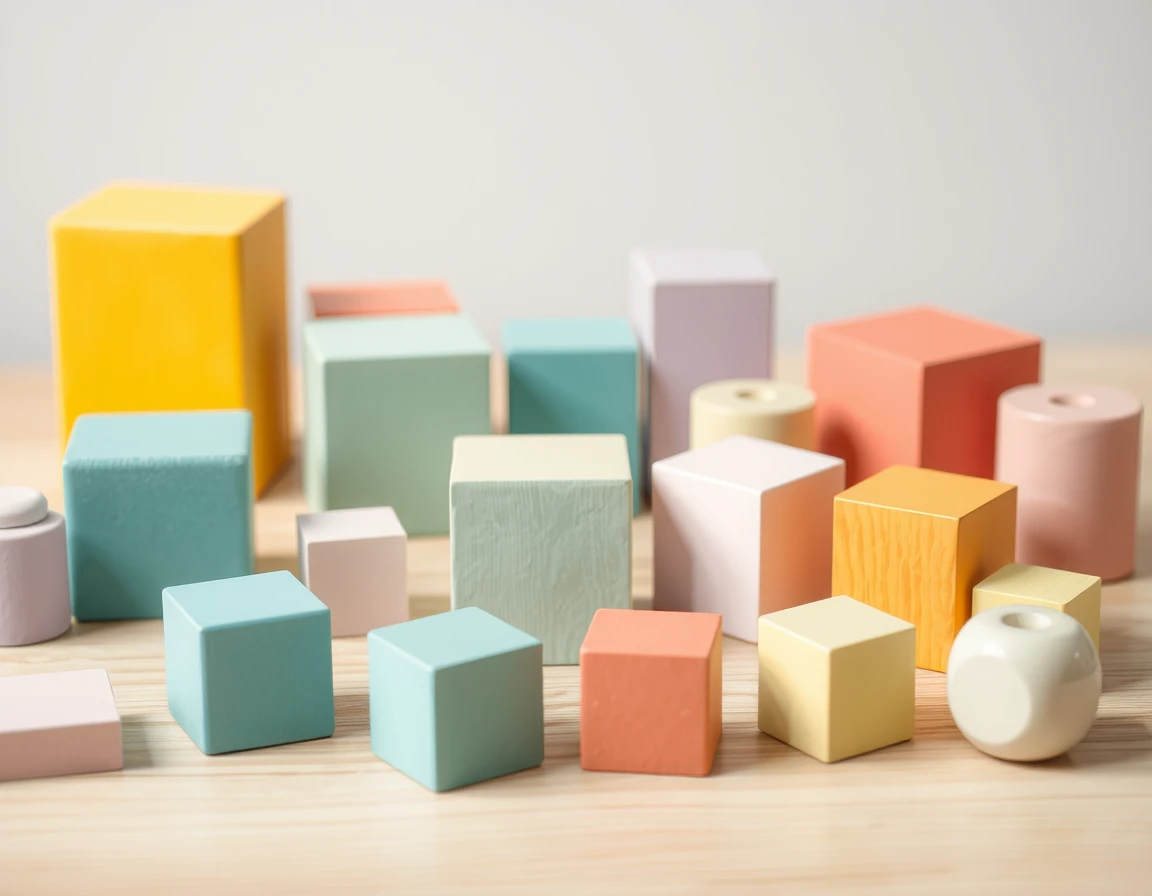 Illustration showing colourful wooden geometric blocks arranged on a plain table