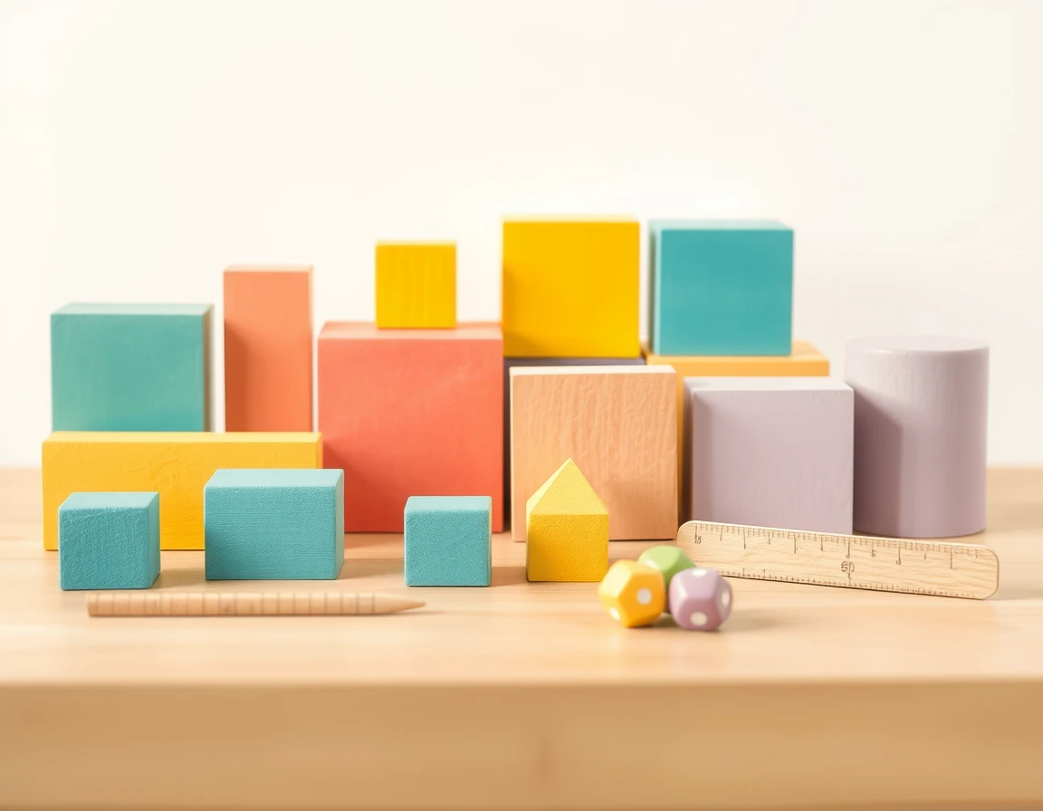 Illustration showing colourful wooden geometric blocks arranged on a plain table