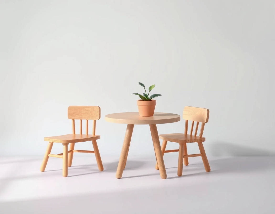 Illustration showing two small wooden chairs and a round table with a potted plant