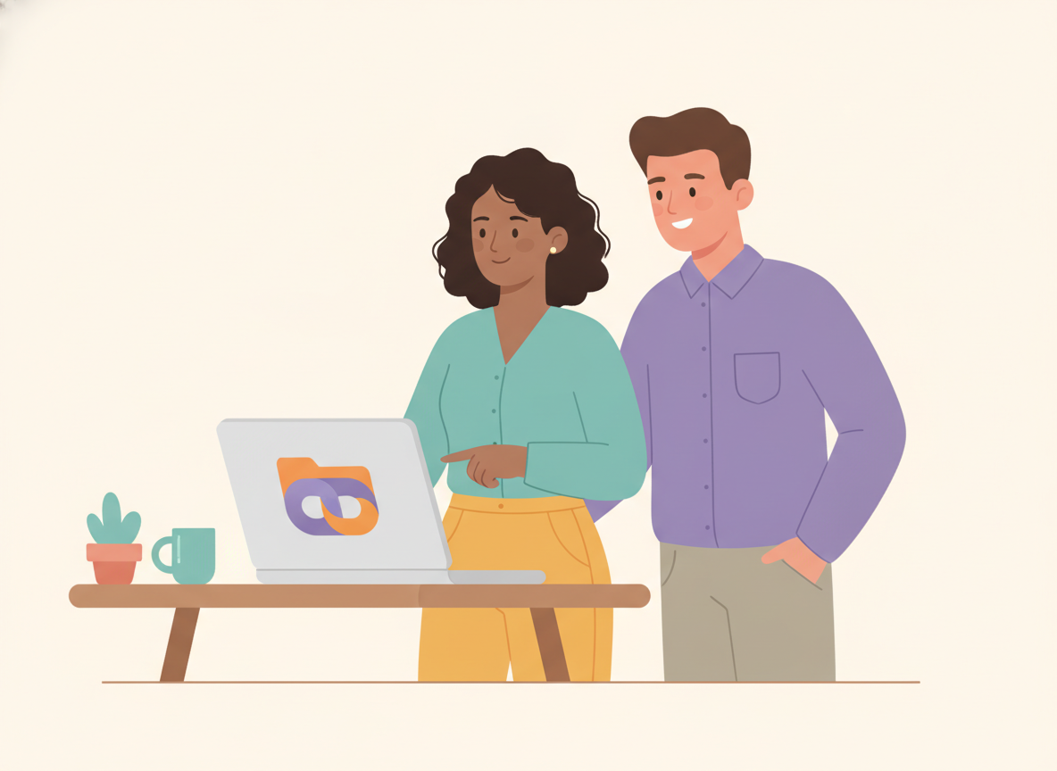 An experienced teacher showing a new teacher a laptop with a resource-folder icon