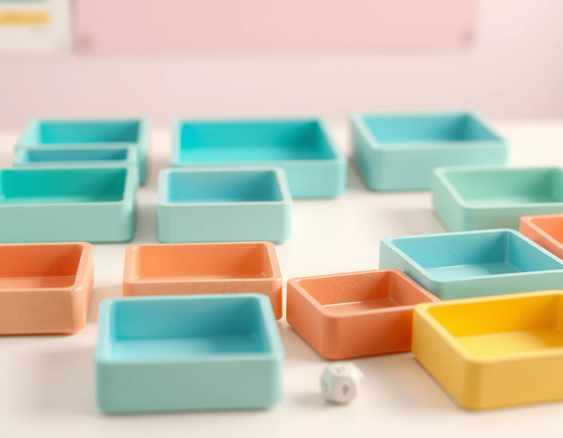 Illustration showing wooden counters and coloured sorting trays on a plain table