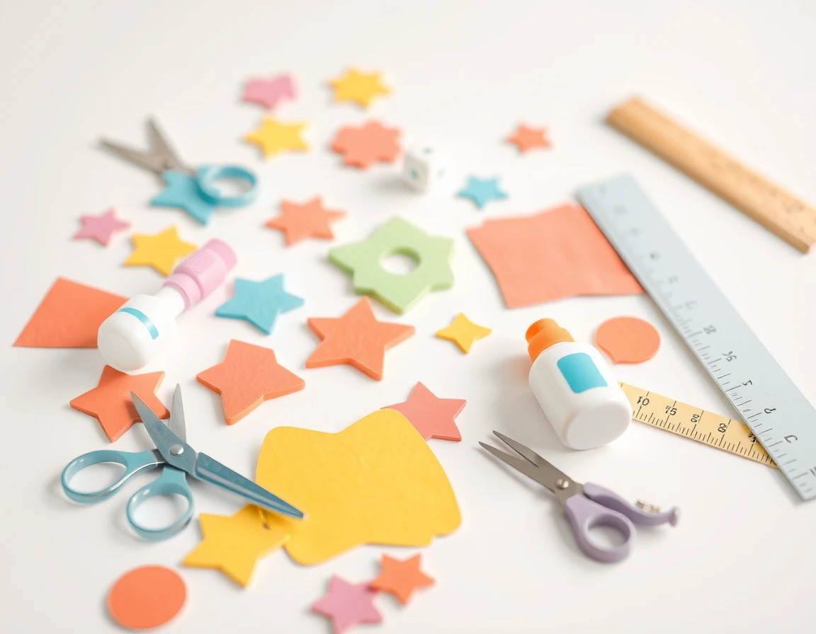 Illustration showing coloured paper shapes, scissors and craft materials on a table