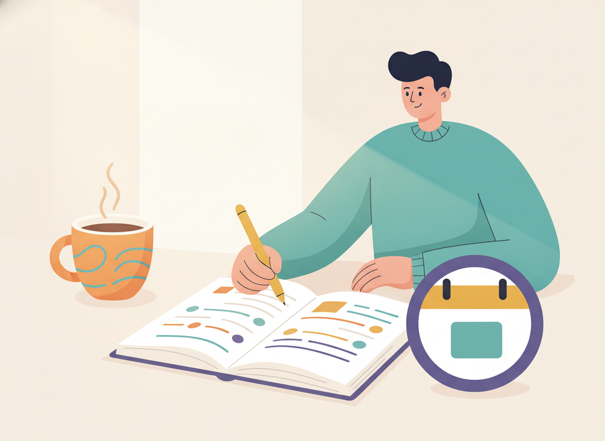 A teacher planning ahead at a desk in warm summer light