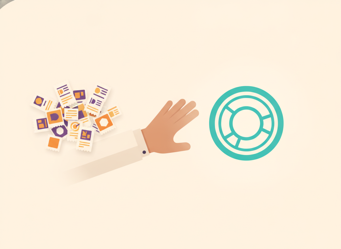 Scattered individual purchase icons contrasted with one unified resource icon