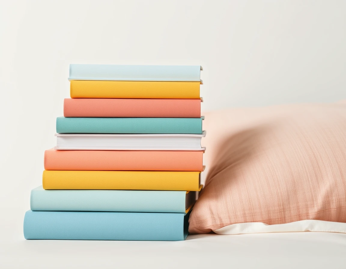 Illustration showing a stack of closed books with plain covers beside a soft cushion