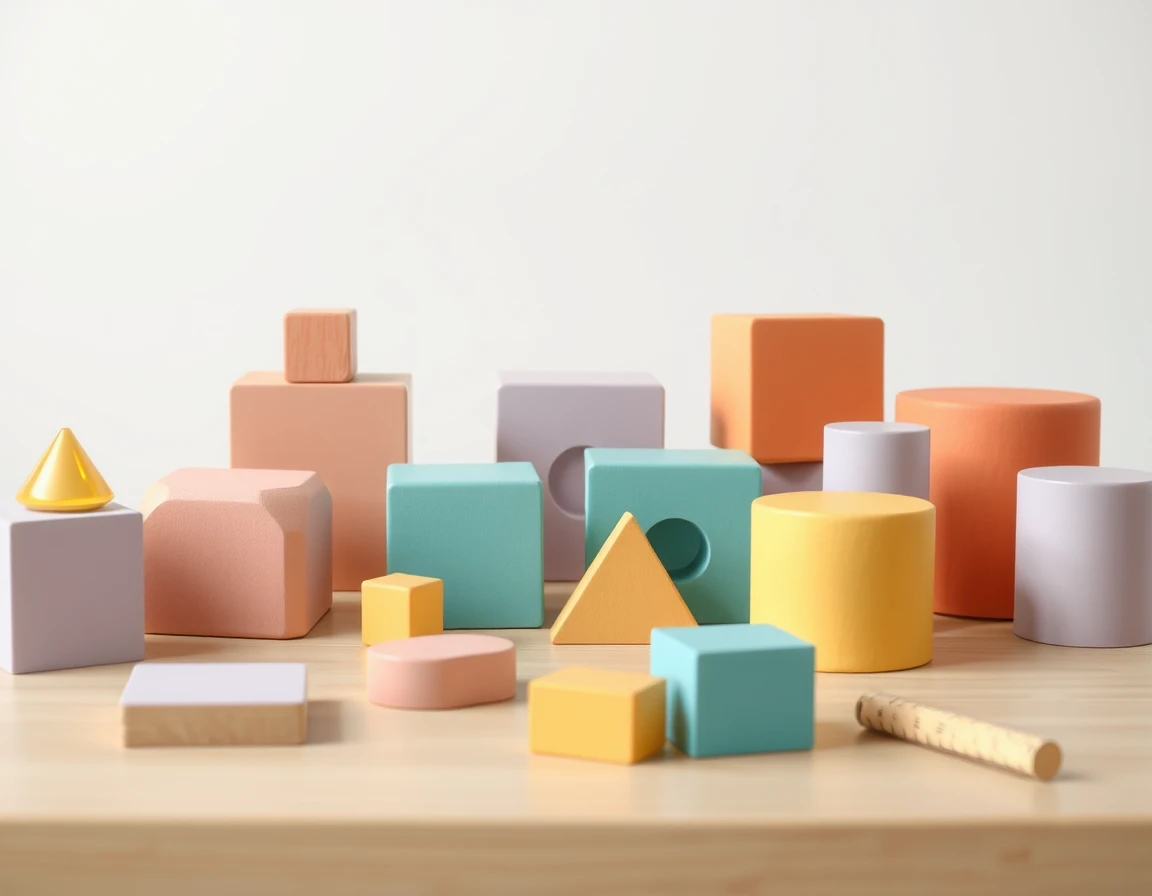 Illustration showing colourful wooden geometric blocks arranged on a plain table