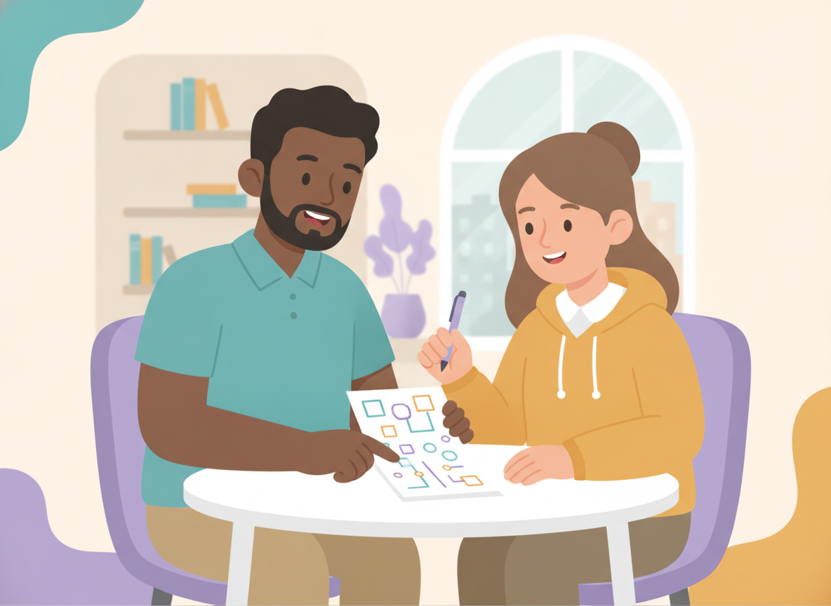 Tutor helping a student with practice material at a tutoring center
