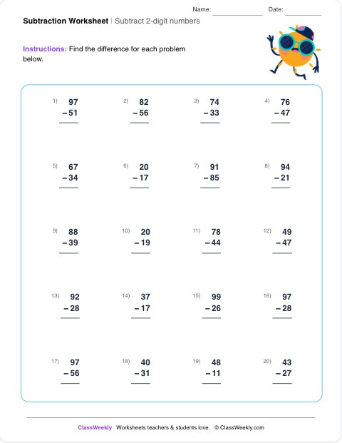 Subtraction Worksheet Generator